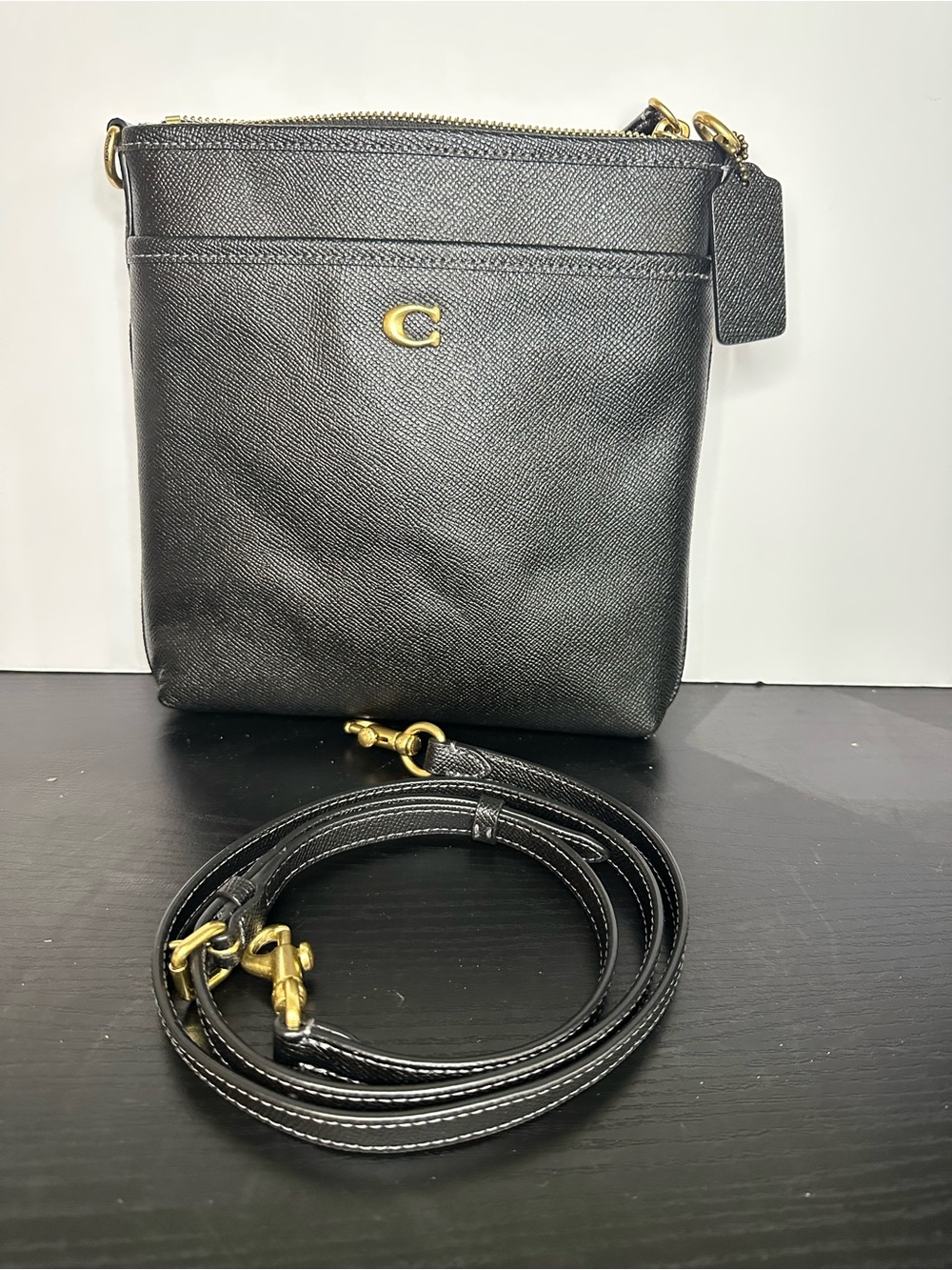 Coach Kitt Black Leather Messenger Crossbody with Gold Accent